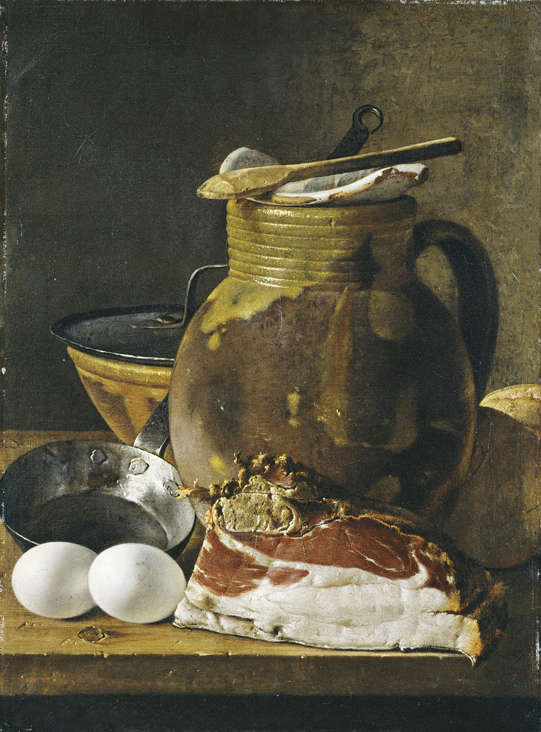 Natura morta con uova, prosciutto e pentole - Meléndez, Luis