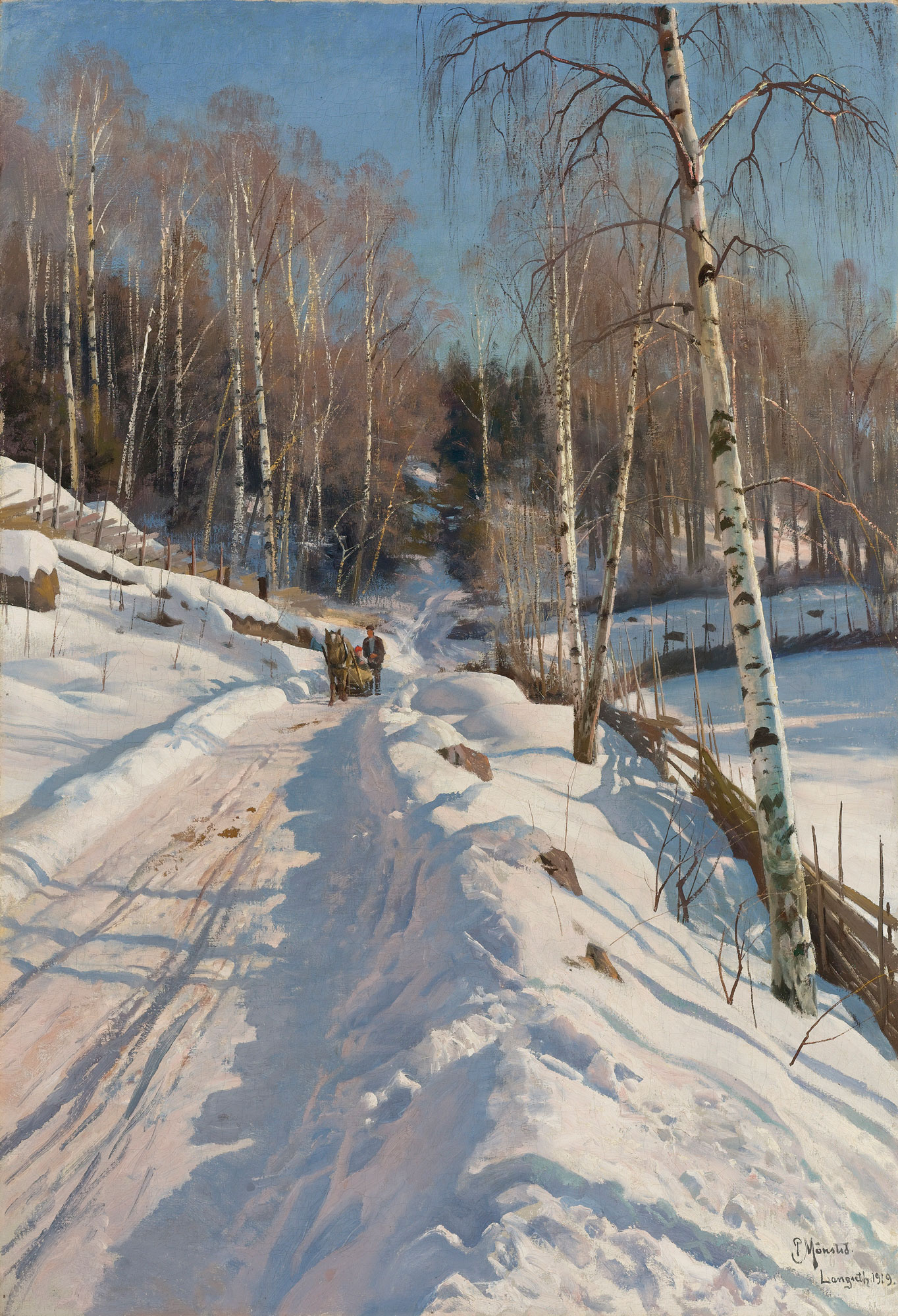 Gita in slitta in una soleggiata giornata invernale - Mønsted, Peder Mørk